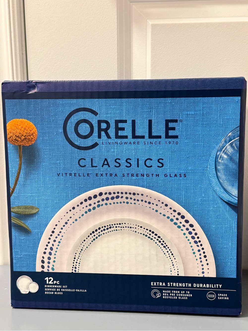 Corelle Classics 12-Piece Dinnerware Set in White with Blue Dot Pattern